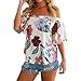 WLLW Women Short Sleeve Off Shoulder Floral Asymmetric Hem Shirt Tops Blouse