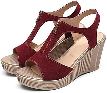 Sandals For Women High Heel Wedge Zipper Open Toe Platform Red 6