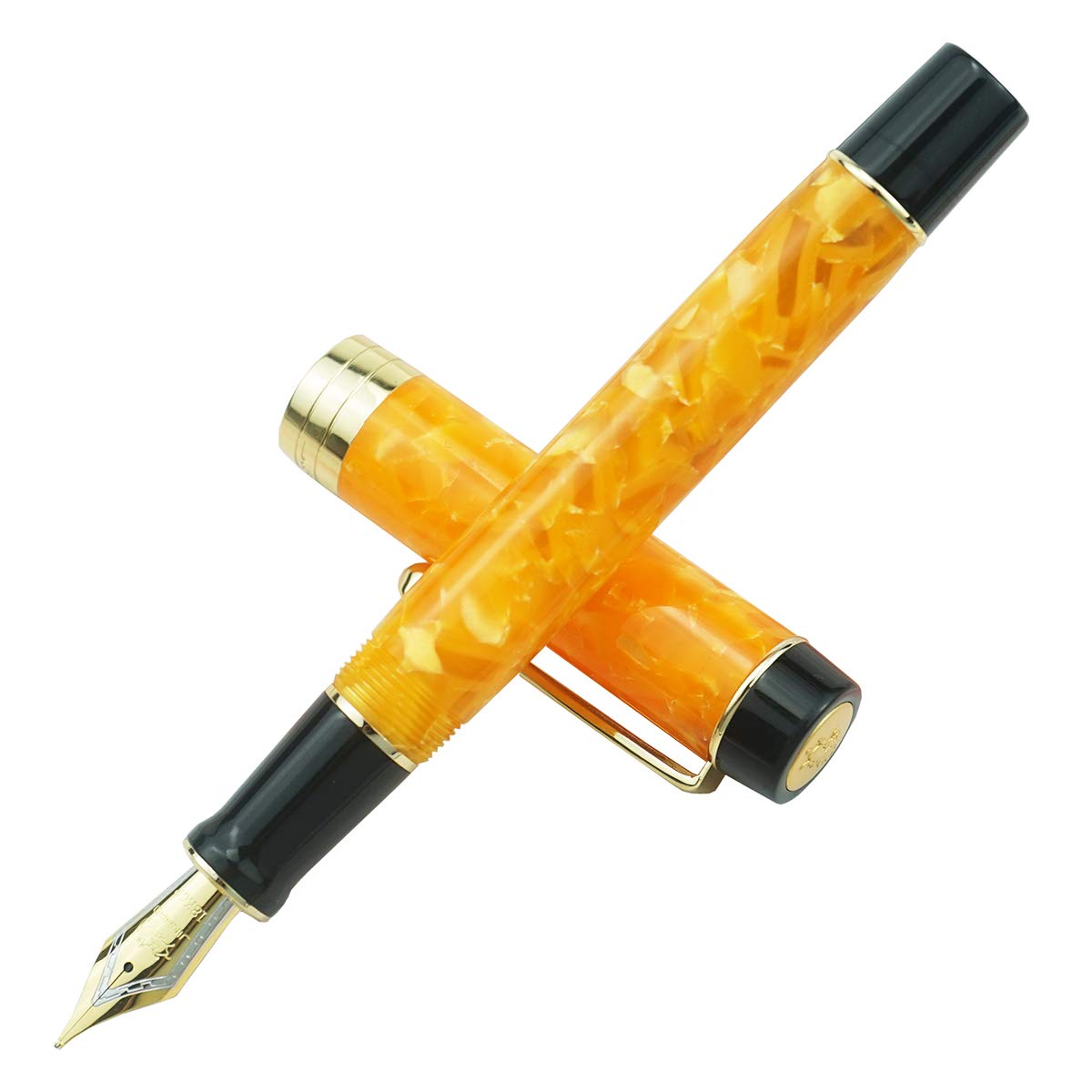 Jinhao 100 Series Fountain Pen, Fine Nib Yellow Marble Colour Resin Barrel Golden Trim with Metal Pen Case