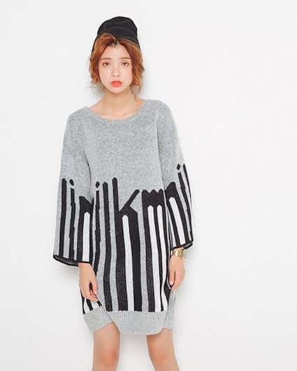 Amazon I Select ニット レディース セーター グリーン グレー ワンピース チュニック 秋 冬 シンプル 無地 暖か レトロ プルオーバー ふんわり グレー ワンピース チュニック 通販