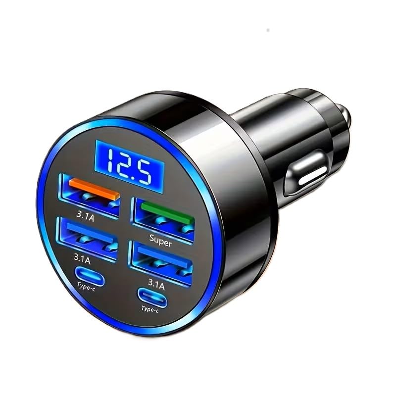 RDRKR 120W Super Fast Charging 6-Port USB-C Car Charger with LED Voltage Display | Multi-Device Cigarette Lighter USB Adapter for iPhone & Android