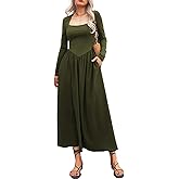 Mieazom Women's Long Sleeve Maxi Dress 2025 Fall Crewneck Knit Casual Solid Wedding Guest Flowy Long Dress with Pockets