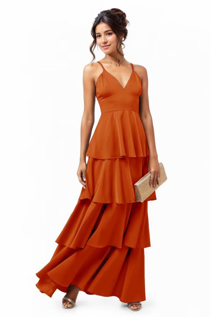 Photo 1 of PAPOLANE Ruffle Bridesmaid Dresses for Wedding Sexy Spaghetti Straps V-Neck Flowy Long Satin Tiered Tight Pleated Back Zipper High Waist Formal Evening Party Gowns Burnt Orange 6