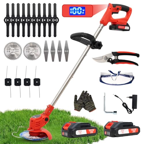 Desbrozadora a batería, desbrozadora eléctrica a batería, Equipada con 2 baterías y 4 Cuchillas, cortacésped Plegable de 800 W, Adecuado para Cortar el césped de Jardines y arbustos