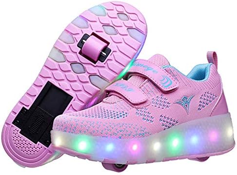 Lucky Kids Girls Boys LED Roller Skate Shoes Double Wheels Flashing Luminous Skates Outdoor Gymnastics Fashion Sneaker Technical Skateboarding Shoes with USB Charging