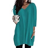Poetsky Womens Tunic Tops for Leggings with Pockets Vneck 3/4 Length Sleeve Shirt Casual Long T-Shirts S-3XL