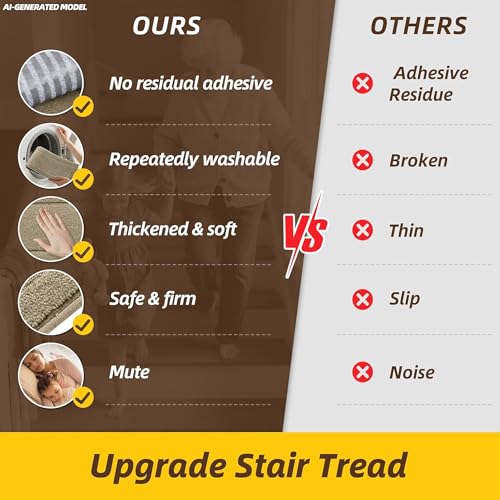 Non-Slip Stair Treads for Wooden Steps Indoor, 15 Pack 8" X 30" Edging Stair Rugs with TPE Backing,0.45" Thick Carpet Stair Treads for Kids Elders & Pets, 100% Polyester Soft Stair Runners, Beige
