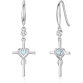 FANCIME Gift for Women Cross Dangle Drop Earrings 925 Sterling Silver Heart Birthstone Earring Fine Jewelry Birthday Gifts for Her Women