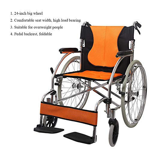Portable Lightweight Wheelchair Foldable Transport Airplane Wheel Chair for Elderly Disabled Obese People, Comfortable Detachable, Double Storage Bag (24 inch Tire)