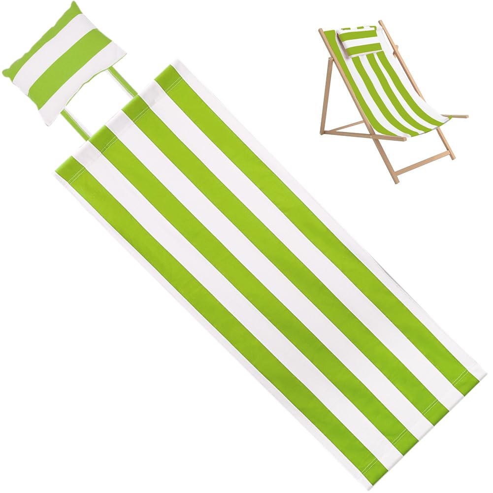 GORGECRAFT Beach Sling Chair Canvas with Pillow 113x43cm Olive White Stripes Replacement Deck Chairs Canvas Cloth Fabric Outdoor Folding Lounge Chair for Patio Outdoor Sunbathing Garden Courtyard