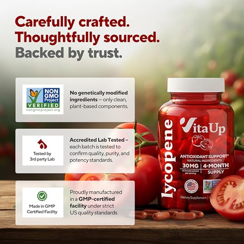 VitaUp Lycopene Supplements for Men – USA Made Prostate Supplements for Men with Natural Tomato Extract – Non-GMO Lycopene Supplement for Normal Prostate, Skin & Antioxidant Support – 120 Count