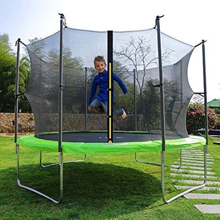 ISE Trampolin Ø 250,305 cm,rundes Gartentrampolin mit Sicherheitsnetz, mit Leiter und gepolsterten Stangen, Sicherheitsabdeck