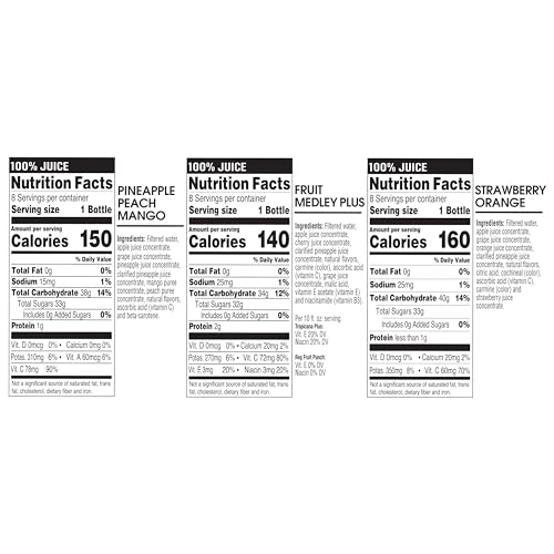TROPICANA 100% JUICE VARIETY PACK – PINEAPPLE PEACH MANGO, FRUIT MEDLEY & STRAWBERRY ORANGE, SINGLE SERVE, 10 FL OZ BOTTLES (PACK OF 24) – VITAMIN C RICH, NO ADDED SUGARS, NO ARTIFICIAL FLAVORS