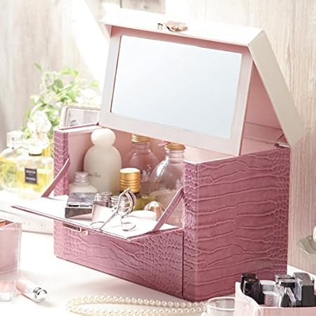 Amazon おしゃれな 鏡付き クロコ柄 メイクボックス ピンク You B C メイクボックス 通販