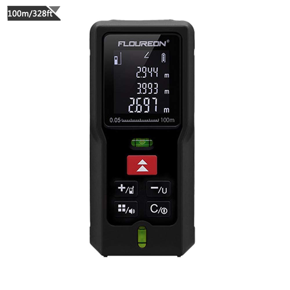 FLOUREON Laser Distance Meter 100m/328ft with 2 Bubble Level High-Precision Laser Measure Device for Measuring Length, Area, Volume Pythagorean with Backlight LCD Display (Battery Included)