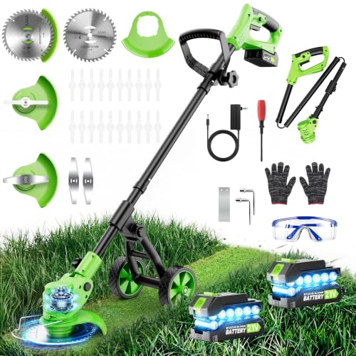 4-in-1 Cordless Weed Wacker with Wheels, 4000mAh Battery Powered Stringless Weed Eater, Brushless Grass Trimmer with 2 Batteries, 3 Blade, Adjustable Head, Lightweight Lawn Edger Brush Cutter