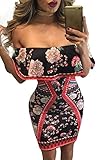 Pretid Women Sexy Off Shoulder Floral Print Bodycon Stretchy Club Party Dress