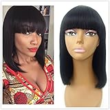 JYL Hair Human Hair Bob Wigs with Bangs Brazilian Yaki Machine Made Glueless Short Wigs Grade 8A (12