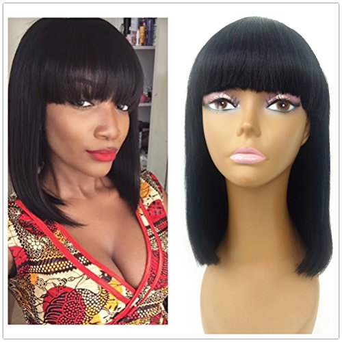 JYL Hair Human Hair Bob Wigs with Bangs Brazilian Yaki Machine Made Glueless Short Wigs Grade 8A (12
