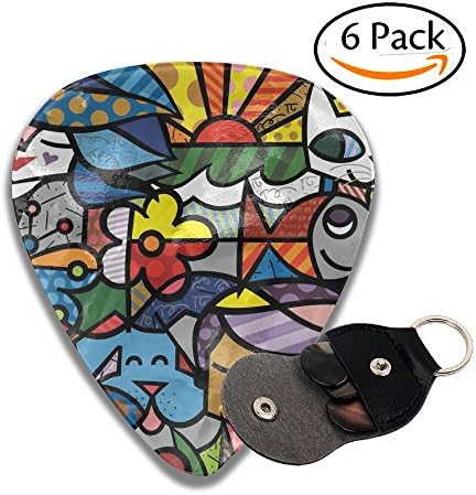 Romero Britto Leather Key Chain Pick Holder - 351 Shape Classic Guitar Picks (6 Pack) For Electric Guitar, Acoustic Guitar, Mandolin, And Bass (0.46mm, 0.71mm, 0.96mm)