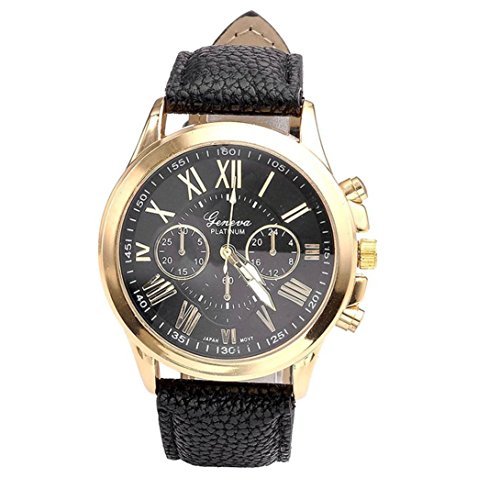 ZLOLIA Women's Fashion Geneva Roman Numerals Faux Leather Analog Quartz Wrist Watch (Black)