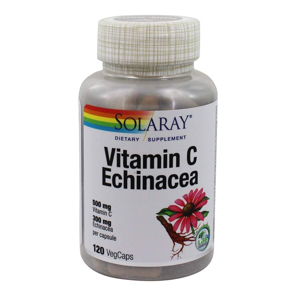 SOLARAY Vitamin C & Echinacea Root | Healthy Immune System Support w/ 500 mg VIT C & 300 mg Echinacea Per Capsule | Non-GMO & Vegan | 120 VegCaps