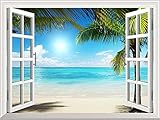 Wall26 White Sand Beach with Palm Tree Open Window Mural Wall Decal Sticker - 36