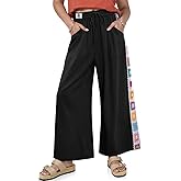 TARSE Womens Wide Leg Linen Pants Summer Casual Drawstring Loose Lounge Palazzo Crochet Panel Pant with Pocket