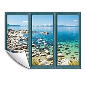 Wall Murals for Bedroom Fake Window Beach Blue Window Removable Wallpaper Peel and Stick Wall Stickers - 24x32 inches