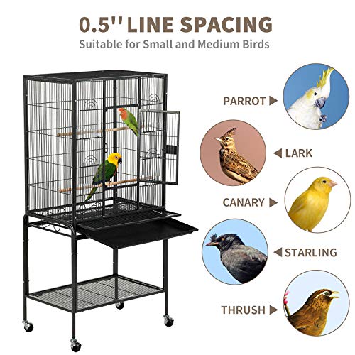 SUNCOO 53 in Large Flight Cage with Detachable Stand,Wrought Iron Heavy Duty Bird Cage for Parrot Budgie Parakeet Cockatoo Wooden Perch Storage Shelf Rolling Wheels, Big Metal Bird Aviary Cage Black
