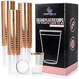 ConnectedPlus Rose Gold Rimmed Plastic Cups: 100 Elegant Rose Gold Trim 12 oz Disposable Wine or Cocktail Party Glasses for a Wedding or Holiday Parties - Clear Plastic Cup with Fancy Trim
