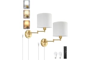 GOODATE Plug in Wall Sconces with Remote Control, Dimming 10%-100% & Adjustable Colors 2700K-6500K, Hardwire or Plug-in, Swing Arm Wall Lamp with White Fabric Shade, Wall Sconces Set of Two, Gold Finish