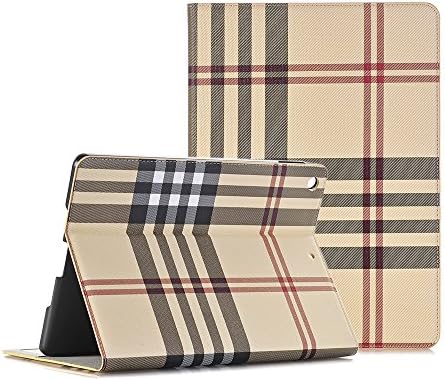 AirChichi New iPad 9.7 Inch 2017, Grid Check Lightweight Flip Folio Stand Premium Leather Card Slots Money Pocket Auto Sleep/Wake Protective Plaid COVER For iPad 9.7 (Khaki)