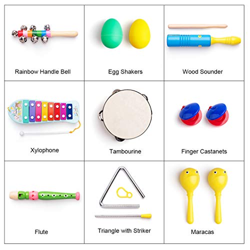Frunsi Musical Instruments Toys Set for Kids, Toddlers, Pre-School, 9 in 1 Music Percussion Toy Set Xylophone, Maraca, Egg Shaker, Flute, Tambourine, Bell Stick, Finger Clapper, Triangle, Tone Blocks