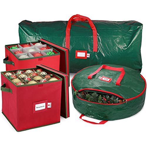 StorageMaid Holiday Storage Set - Large Ornament Storage, Ornament Storage Box, 30" Wreath Container and Christmas Tree Storage Bag for 7.5' Tree - Set of 4