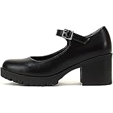 Soda Boxer Women Fashion Mary Jane Style Rounded Chunky Block Lug Sole Heel with Adjustable Strap (Black PU, us_Footwear_Size_System, Adult, Women, Numeric, Medium, Numeric_7)