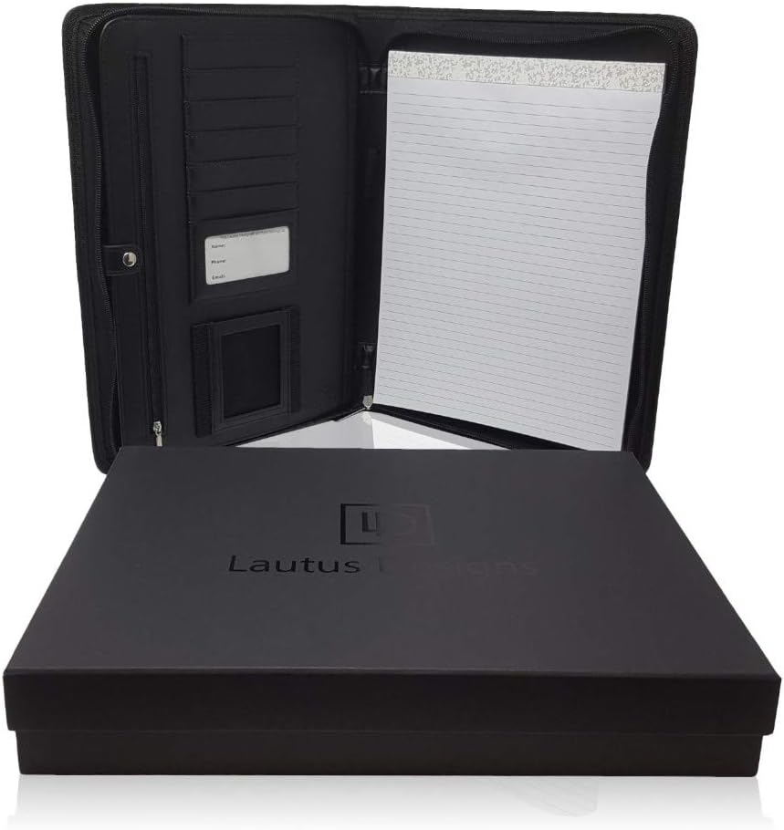 Matte Black A4 Document Folder, PU Leather Conference Folder Portfolio, Zippered Organiser for Men & Women with A4 Notepad