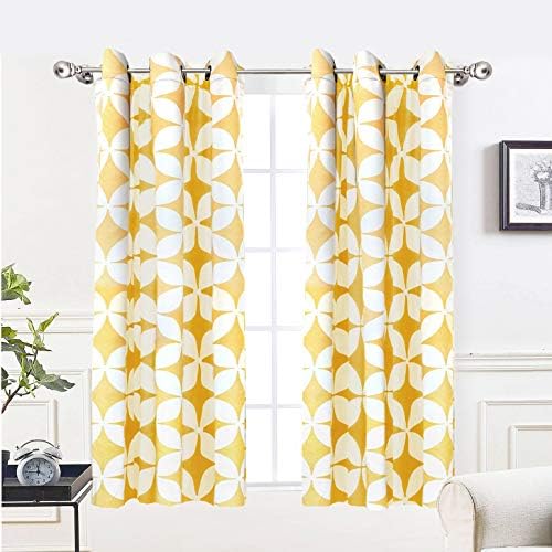 Driftaway Amelia 断熱 遮光 ハトメ ウィンドウカーテン レトロ 幾何学模様 円形 星柄 2枚セット 各42インチ 63インチ イエロー