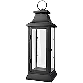 Serene Spaces Living Black Metal Hurricane Lantern with Clear Glass Panels – Hanging or Tabletop Decorative Lantern for Indoo