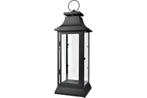 Serene Spaces Living Black Metal Hurricane Lantern with Clear Glass Panels – Hanging or Tabletop Decorative Lantern for Indoor & Outdoor – Weddings, Parties, Home Decor, 20" Tall & 7.75" Square