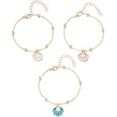 swglcowo Seashell Pearl Bracelets Set Gold Plated Layered Boho Enamel Pink Sea Shell Starfish Mermaid Conch White Pearls Charm Ankle Bracelet for Women Summer Hawaiian Beach Vacation Fashion Jewelry