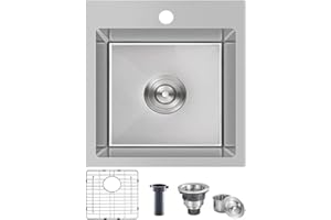 Comllen 18x18 Inch Drop in Bar Sink,Top Mount Handmade 16 Gauge Stainless Steel Small Kitchen Sink,9 Inch Deep Single Bowl Workstation Wet Bar Sink with Stainless Steel Grid & Strainer