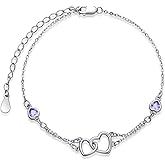 Dorunmo Anklet/Bracelet for Women 925 Sterling Silver Birthstone Jewelry Cubic Zirconia Double Heart Chain Jewelry for Mom Wife Friend Bride Valentine's Day Christmas Birthday Mother's Day