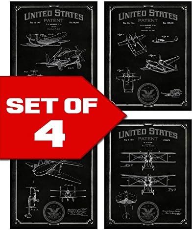 Wallables Midnight Black Airplane Patents Decor Set of Four 8x10 Vintage Aviation Themed Decorative Prints, Great for Bachelor pad, Office, Living Room. Designed Exclusively