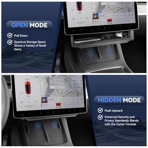Under Screen Storage for Tesla 2025-2026 Model Y Juniper & 2024-2026 Model 3 Highland, Open and Close Center Console Organizer Tray with Anti-Slip Silicone Pad for New Tesla Model 3 Model Y Accessorie