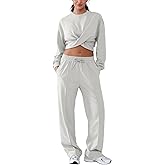 YIPINK Women 2 Piece Outfits Long Sleeve Twist Front Cropped Sweatsuit High Waist Wide Leg Pants Lounge Matching Sets