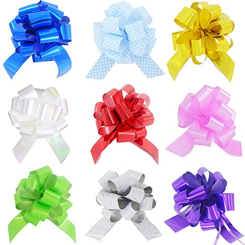 Yeeper Small Pull Bows/ Christmas Gift Knot with Ribbon Strings to Wrap the Box or Floral Decoration, Pack of 9 in diferent colors (White/Red/Pink/Yellow/Green/Blue/Purple)