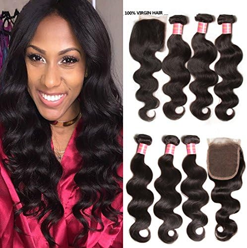 Jolia Hair Unprocessed Raw Virgin Brazilian Wavy Hair 3 Bundles with 1 Piece Free Part Lace Closure (16 18 20+10)