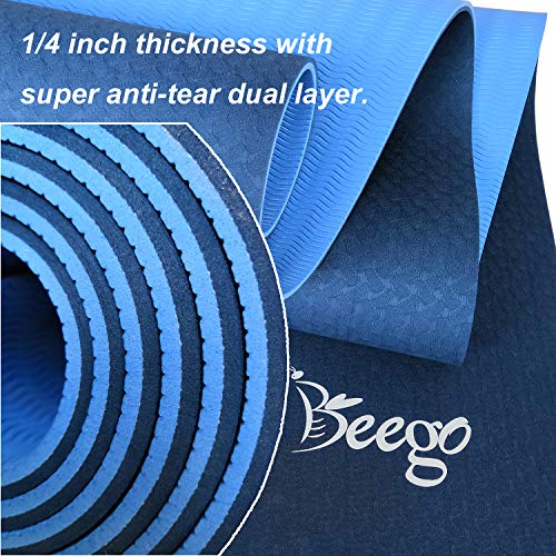 Beego Yoga Mat 1/4 inch Eco Friendly TPE Non Slip Yoga Pilates and Floor Exercise Mat with Carrying Strap (Blue)
