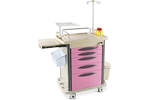 Medical Crash Cart Trolley with Emergency Accessory - Cardiac Board, IV Pole, O2 Holder, Power Strip, Trash Bin, Drawers with